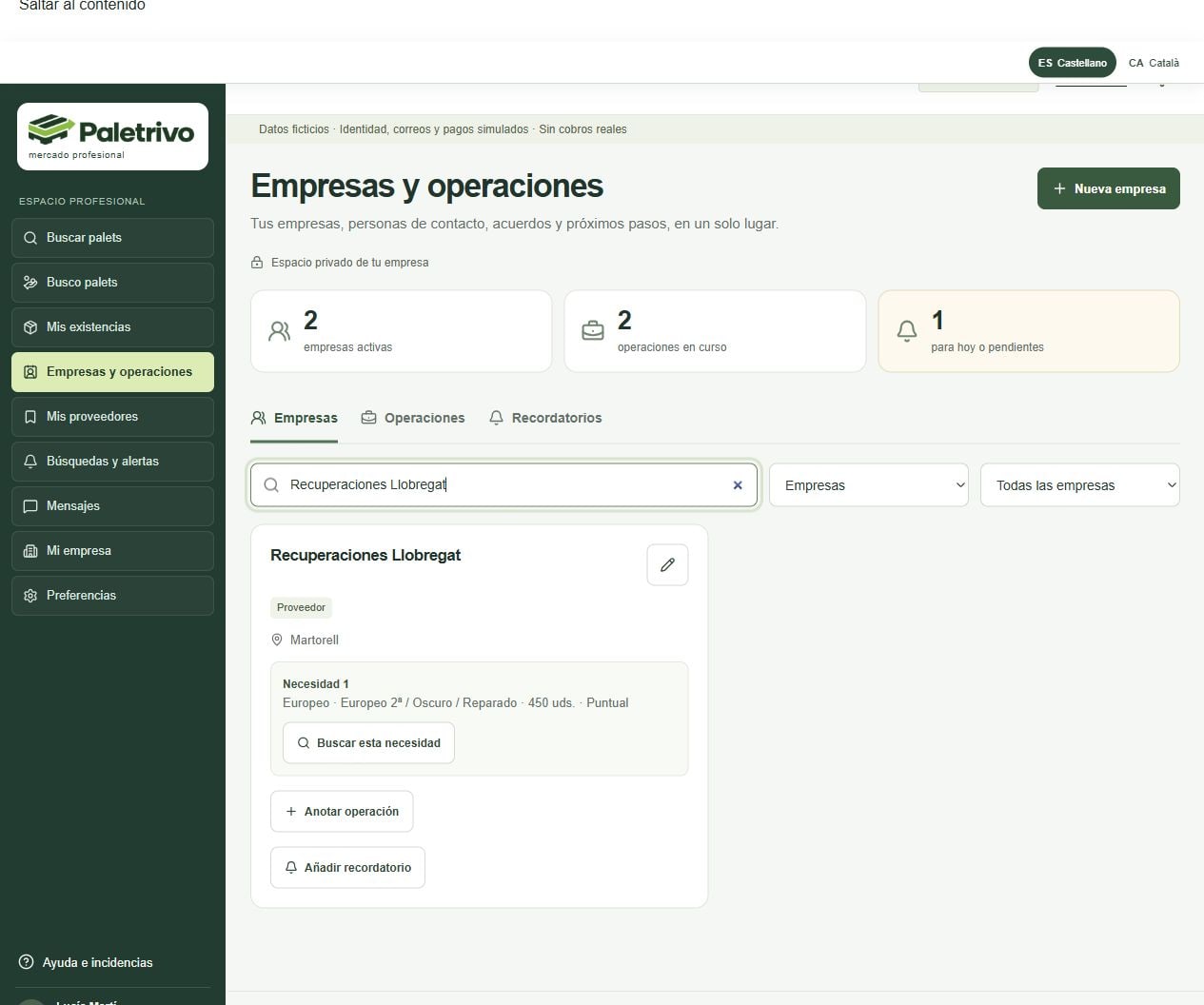 Empresas y operaciones de Paletrivo con una empresa ficticia y sus necesidades habituales de palets